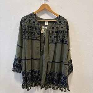 NWT Indigo Thread Co Dark Green Navy Embroider Boho Tassel Tunic X Size Small